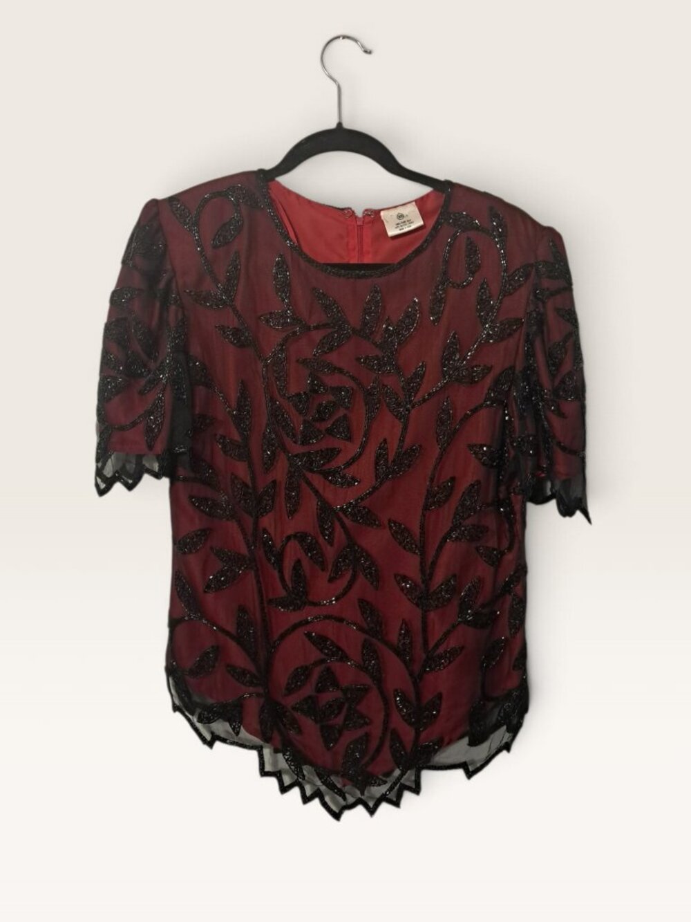 Womens XS Red 100% Pure Silk Beaded Evening Blouse Top Shoulder Pads India